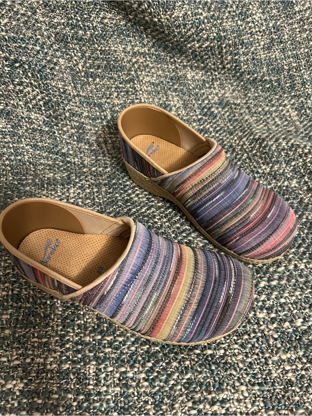 Dansko Striped Slip-On Clogs in Blue, Pink and Cream